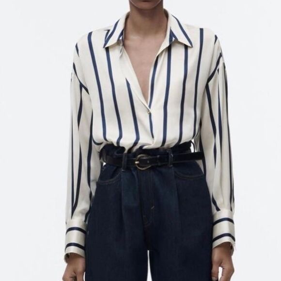 NWT Satin Effect Shirt ~ Navy Blue and Ivory Striped - Picture 2 of 14